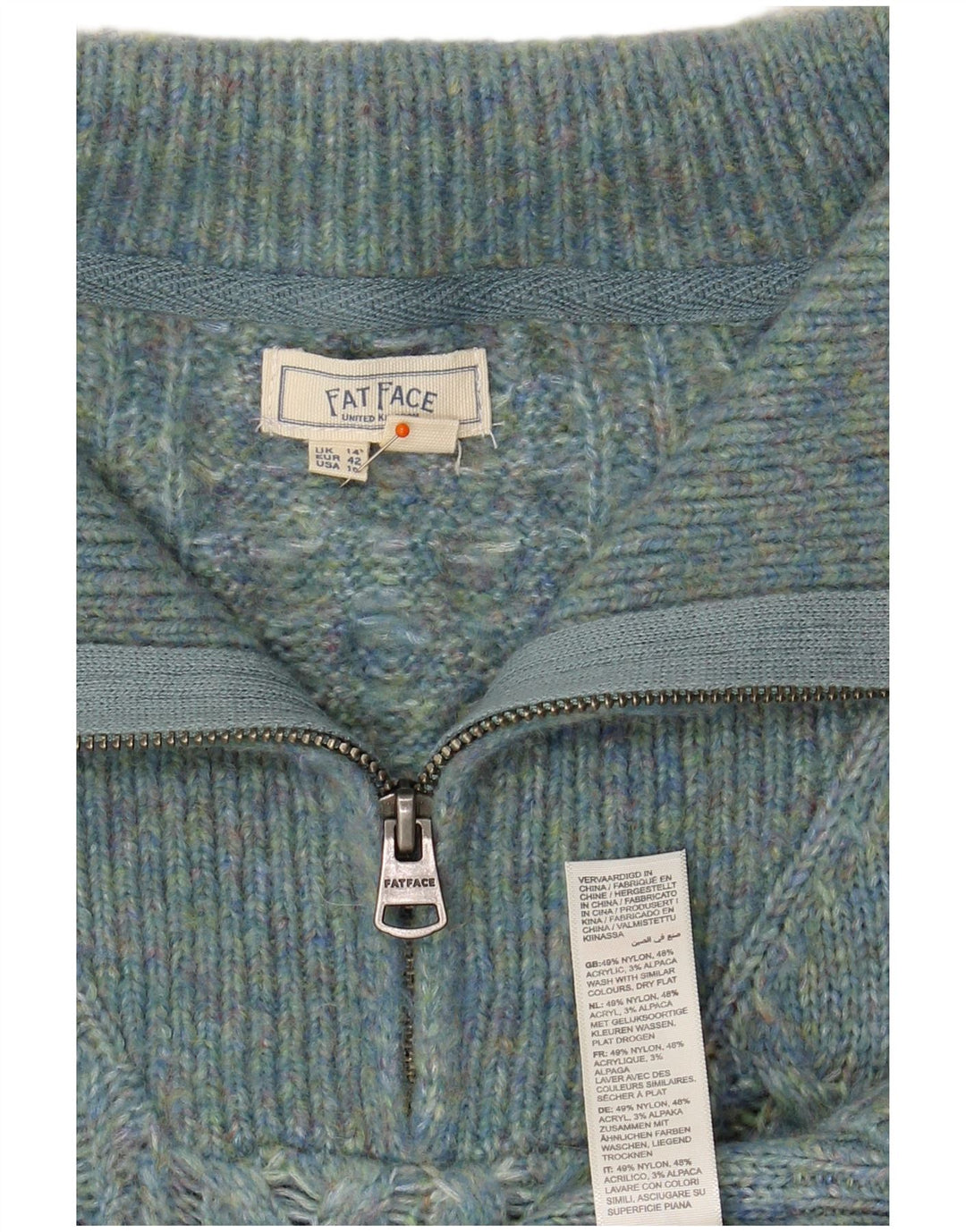 Suéter feminino FAT FACE com gola e zíper Reino Unido 14 grande nylon turquesa