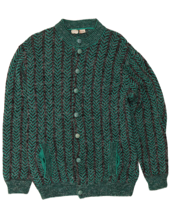 Suéter cardigã masculino vintage de ajuste regular médio verde chevron acrílico