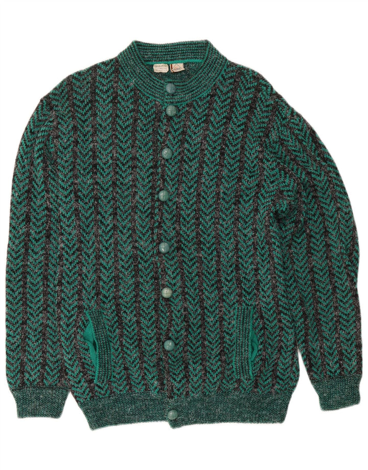 Suéter cardigã masculino vintage de ajuste regular médio verde chevron acrílico
