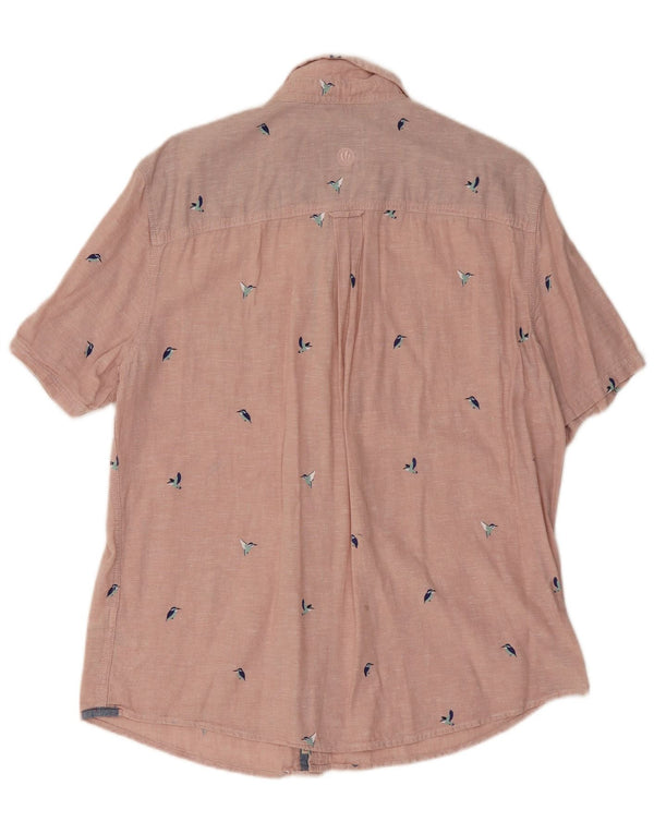 Fat Face Mens Manga Curta Regular Fit Camisa Grande Rosa Animal Print Linho
