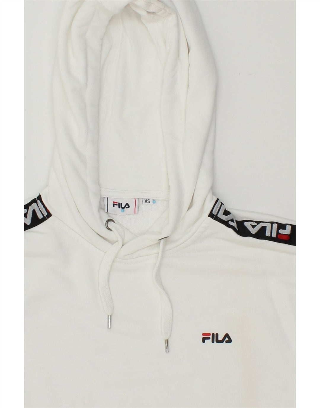 FILA Womens Graphic Hoodie Jumper UK 6 XS White Cotton Vintage Fila and Second-Hand Fila from Messina Hembry 
