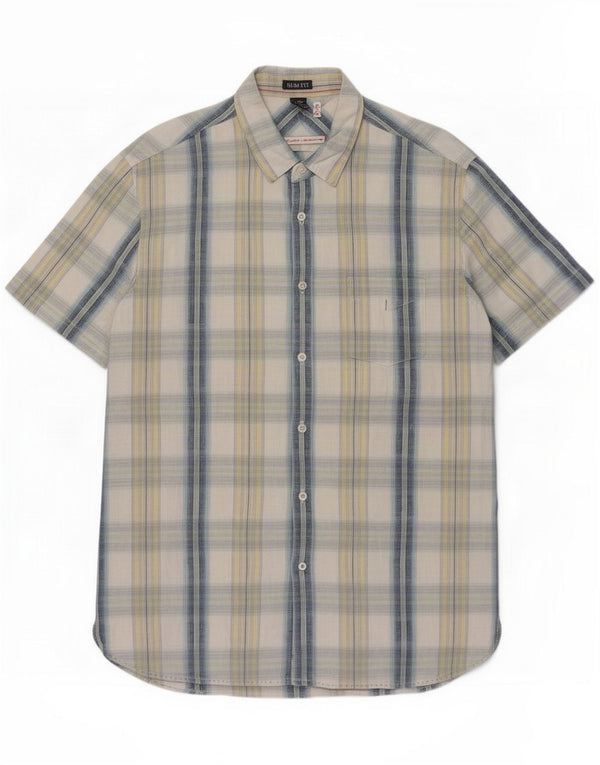 Camisa masculina slim fit com material branco linho xadrez azul médio
