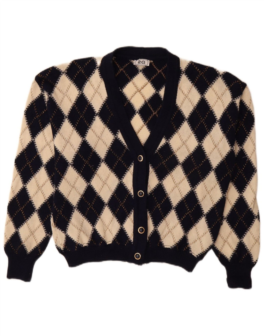 Suéter cardigã feminino vintage IT 48 XL Bege Argyle/Diamante