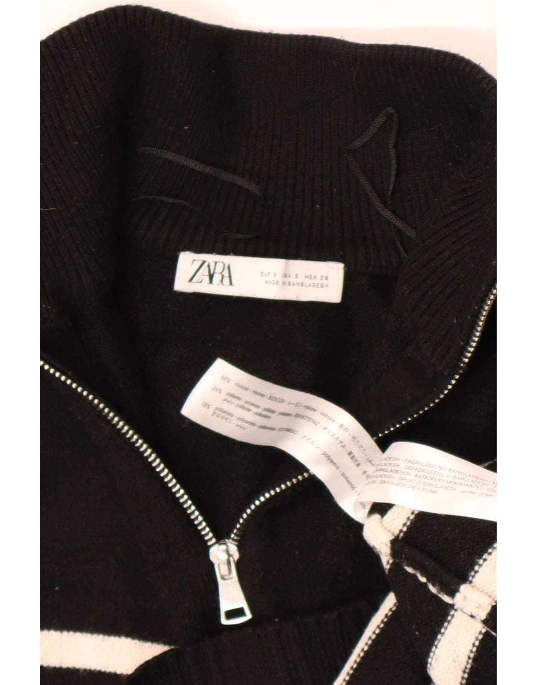 Suéter feminino Zara com zíper e gola grande, Reino Unido 10 pequeno listrado preto