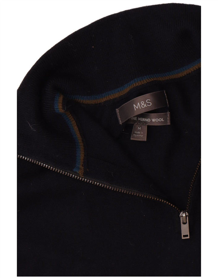 Suéter masculino Marks & Spencer com zíper e gola em lã Merino azul marinho médio