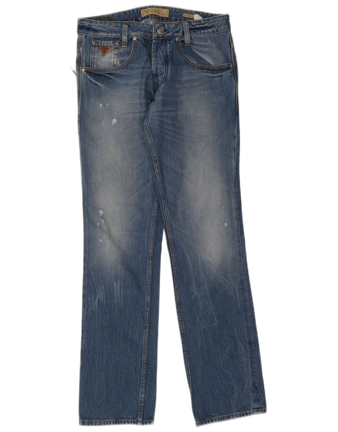Guess Calça jeans reta masculina desgastada W31 L34 azul algodão