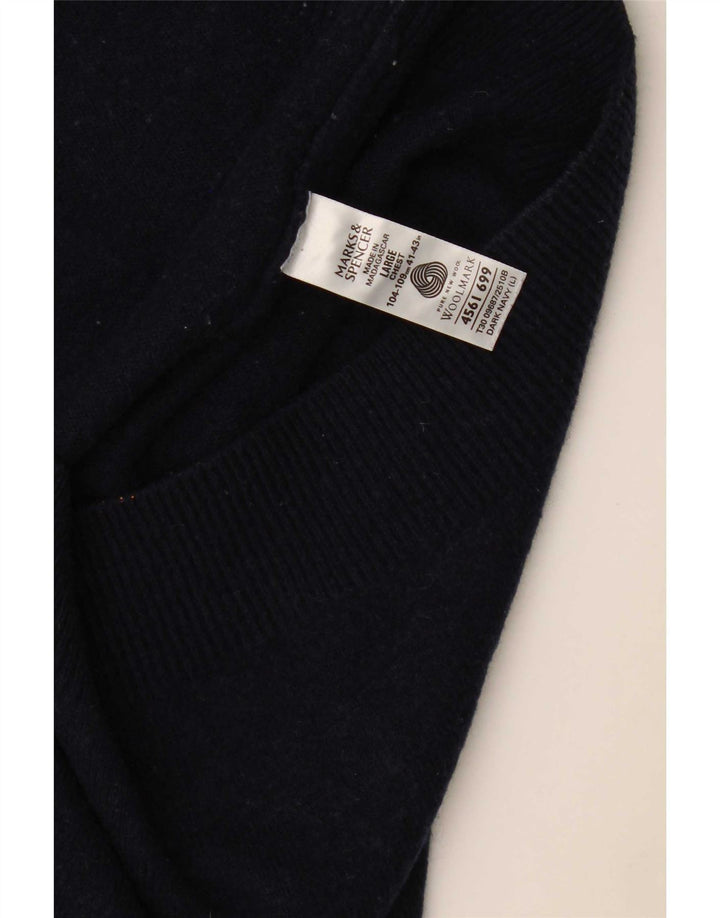 Suéter masculino Marks & Spencer com decote em V grande lã de carneiro azul marinho