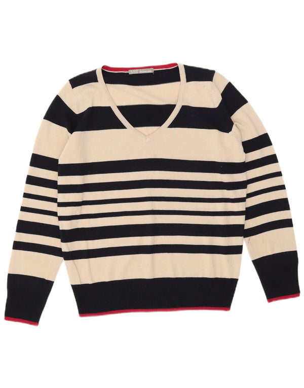 Suéter feminino Marks & Spencer com decote em V UK 12 listrado branco médio