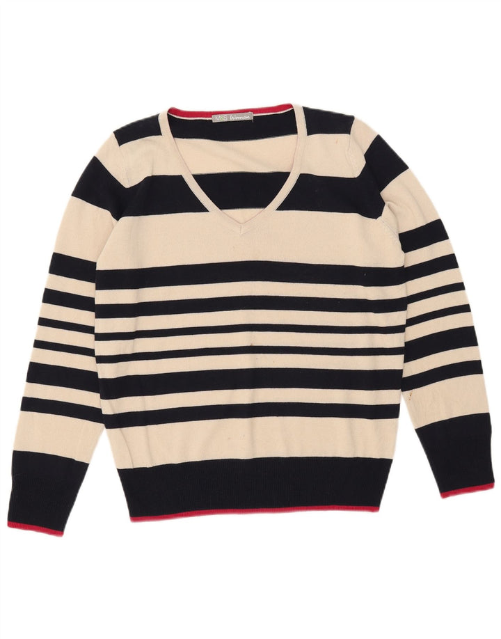 Suéter feminino Marks & Spencer com decote em V UK 12 listrado branco médio