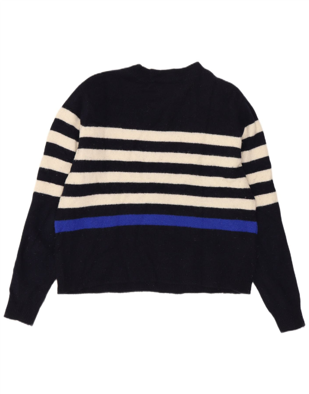 Suéter feminino Zara com gola canoa UK 14 lã listrada azul marinho médio