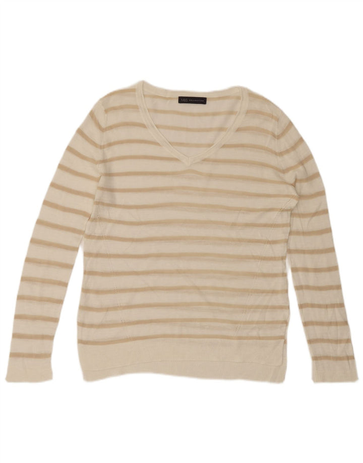 Suéter feminino MARKS & SPENCER com decote em V Reino Unido 16 listrado branco grande