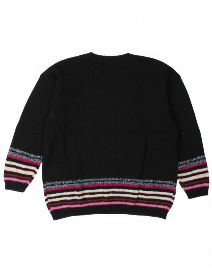 Suéter feminino vintage com botão gráfico e gola redonda Reino Unido 14 listrado preto grande