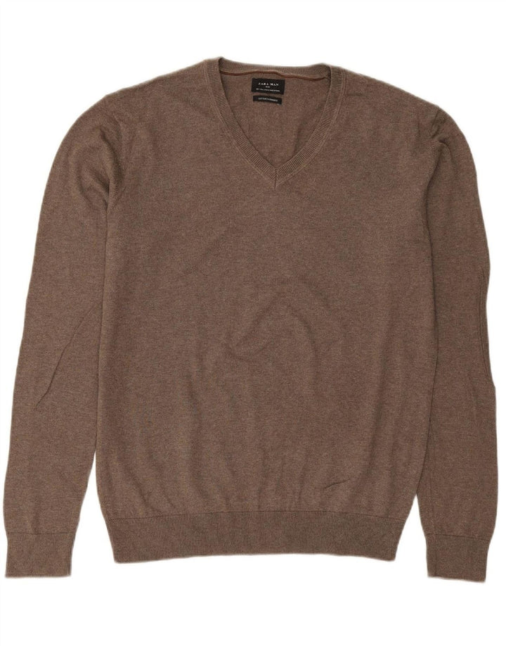 Suéter masculino ZARA com decote em V grande algodão marrom