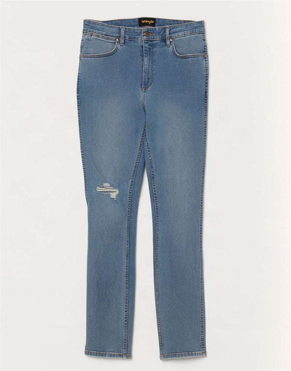 Calça jeans feminina Wrangler Strangler desgastada W31 L30 azul algodão