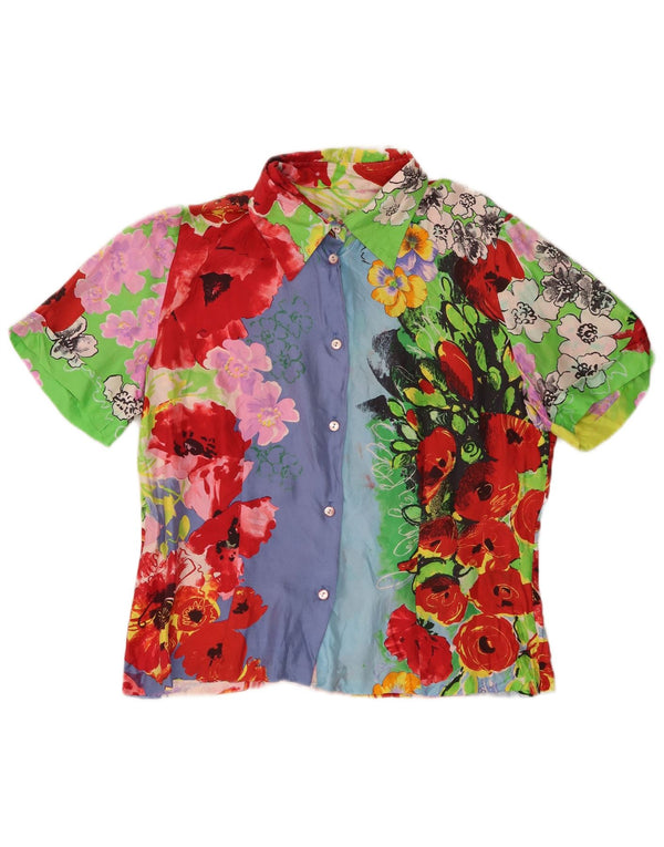 Blusa feminina vintage de manga curta UK 10 pequena floral multicolorida