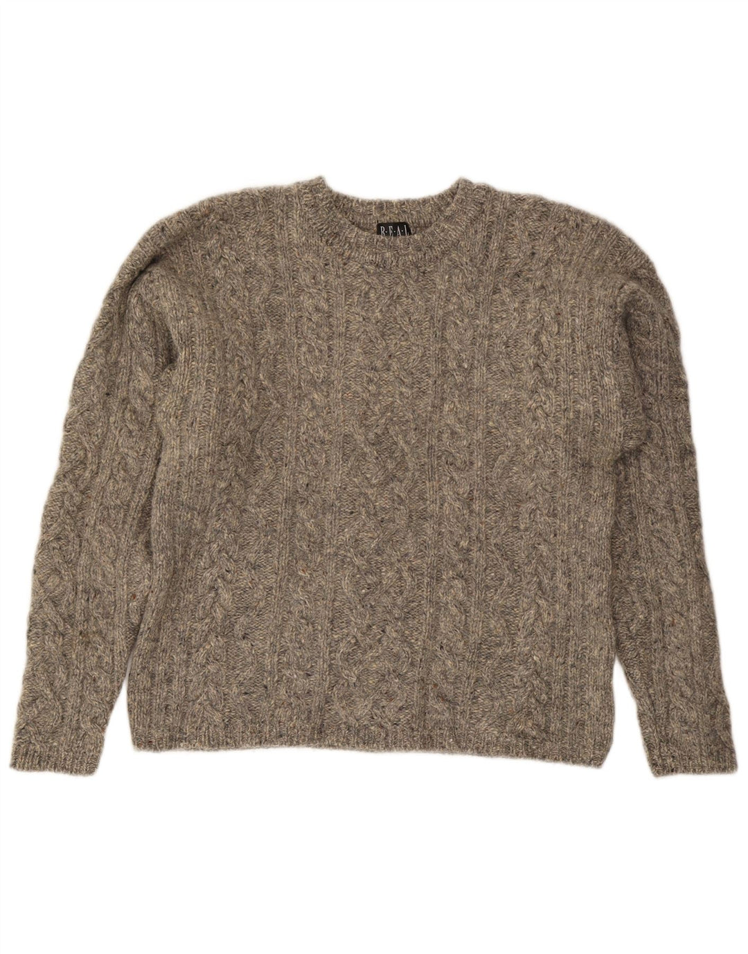Suéter feminino vintage com gola redonda Reino Unido 14 lã manchada cinza médio