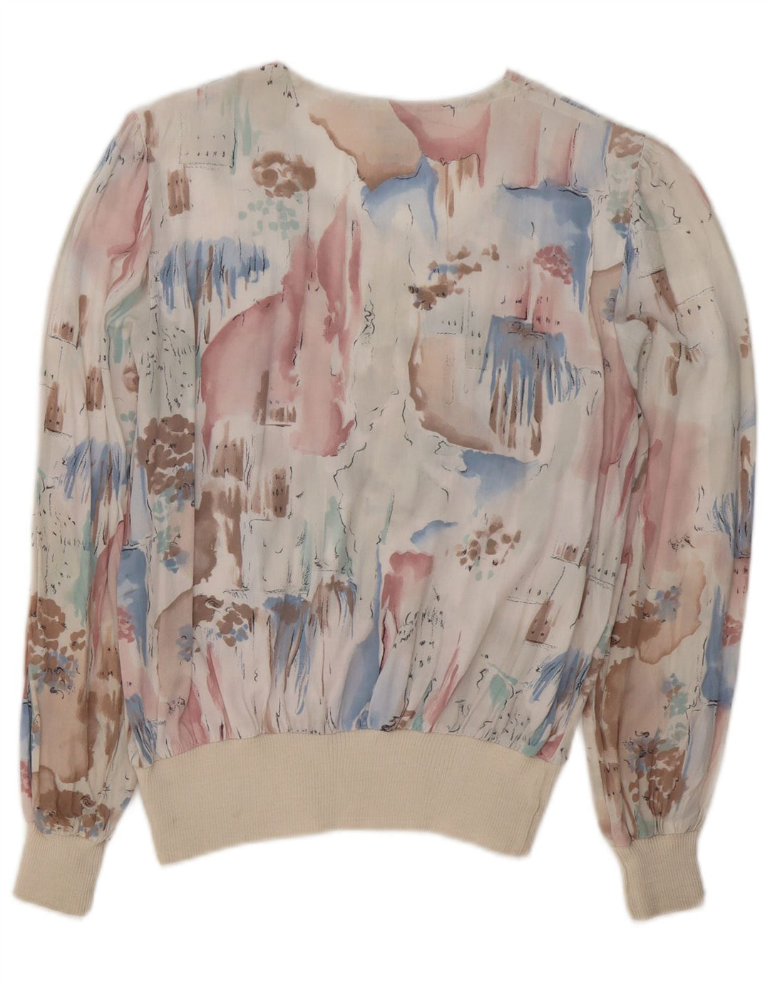 Blusa feminina C&A com estampa abstrata de manga comprida UK 14 médio branco