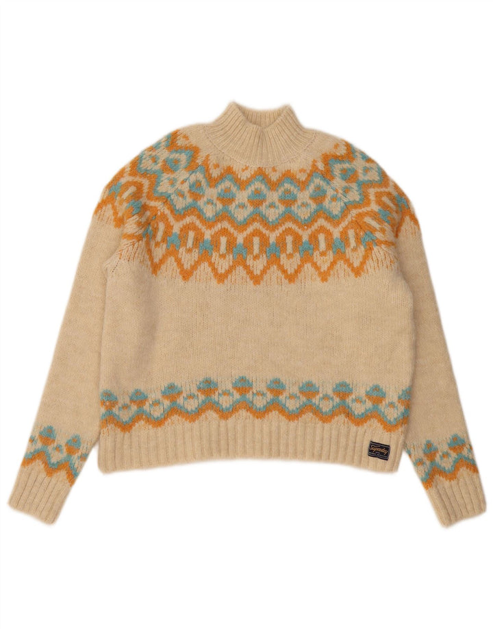 Suéter feminino Superdry com gola tartaruga UK 12 médio bege Fair Isle