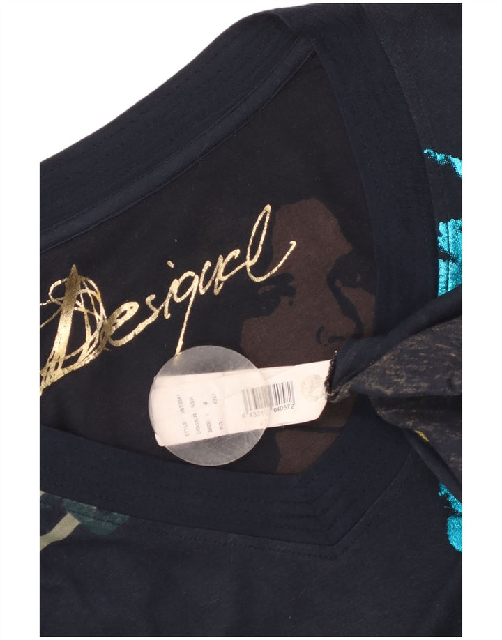 Desigual Top gráfico feminino manga comprida Reino Unido 10 pequeno azul marinho