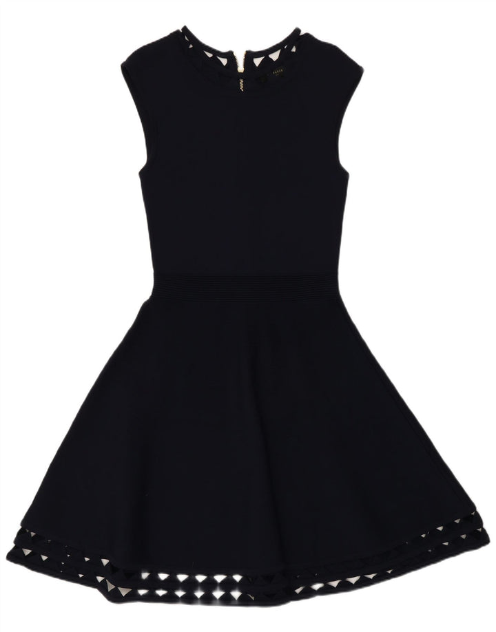 Vestido feminino Ted Baker slim fit evasê tamanho 2 pequeno azul marinho viscose