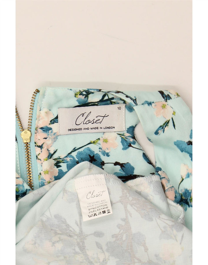 CLOSET Vestido feminino sem mangas frente única Reino Unido 10 pequeno algodão floral azul