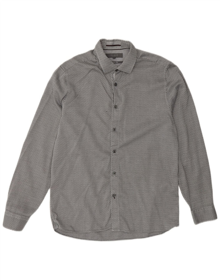 Camisa masculina Ted Baker com ajuste moderno tamanho 16 grande cinza geométrico