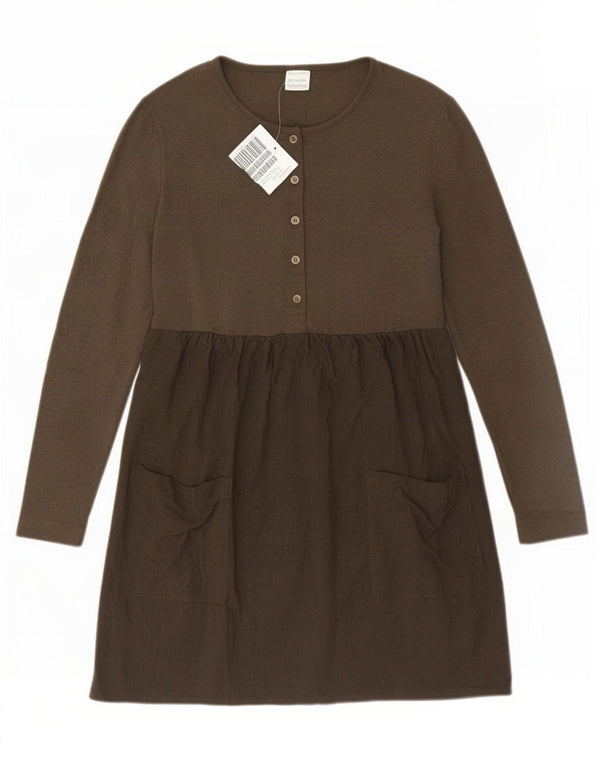 Vestido básico feminino de manga comprida Benetton UK 10 pequeno cáqui colorblock