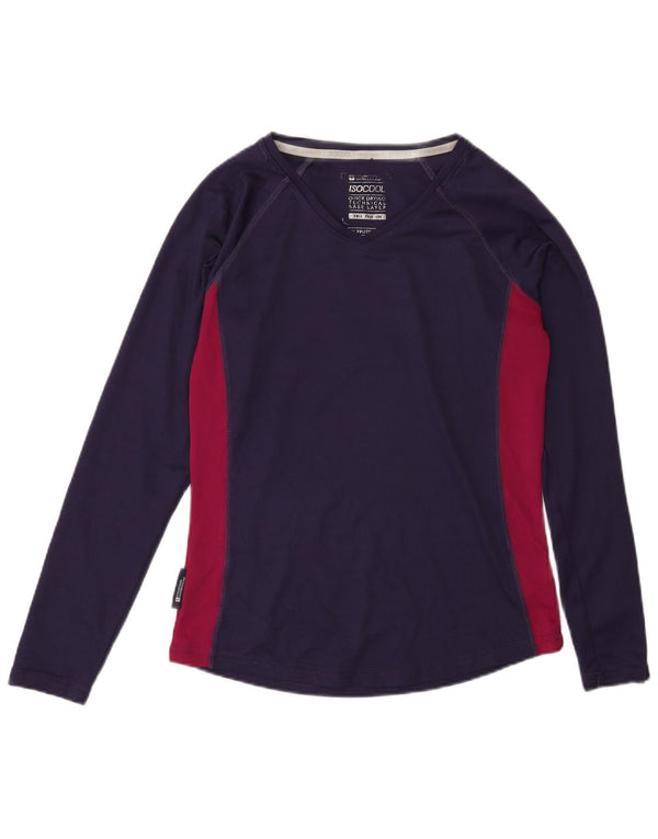 Top feminino Mountain Warehouse manga comprida UK 12 bloco colorido roxo médio