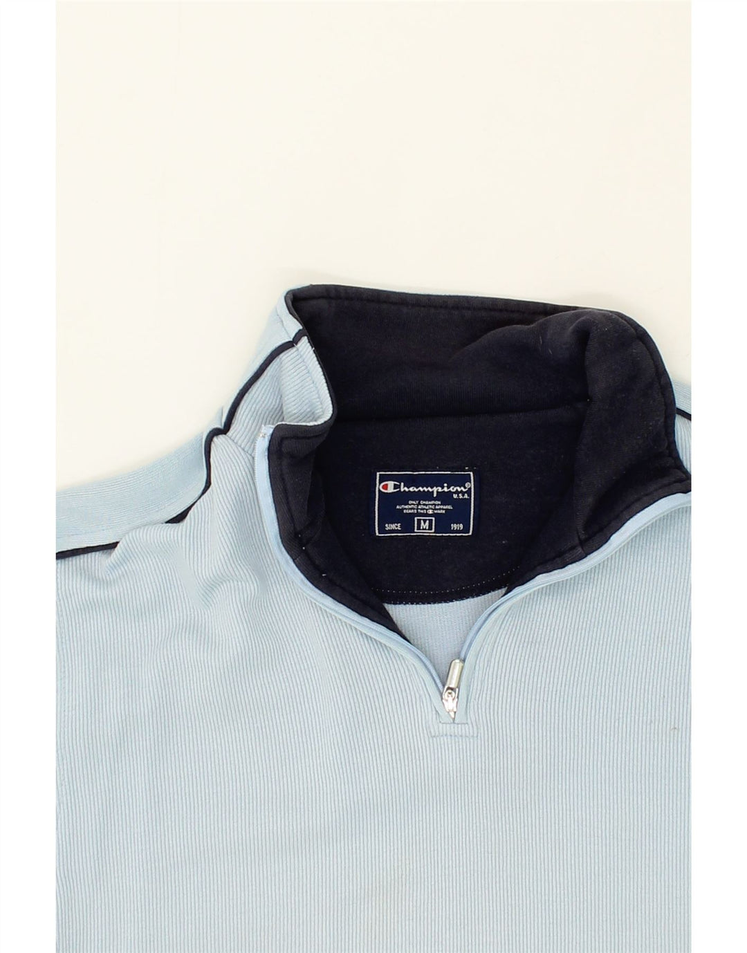 CHAMPION Mens Zip Neck Sweatshirt Jumper Medium Blue Cotton Vintage Champion and Second-Hand Champion from Messina Hembry 