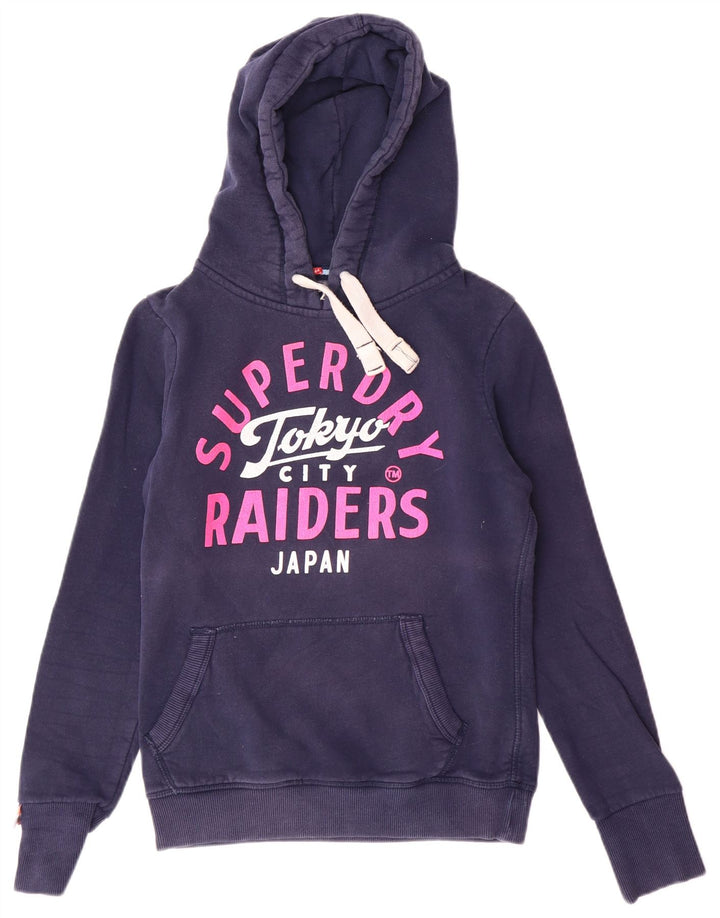 Jumper feminino com capuz gráfico SUPERDRY Reino Unido 10 pequeno algodão azul marinho