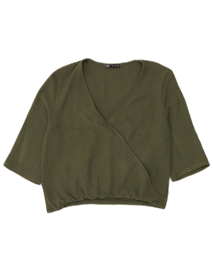 Zara Top curto feminino manga 3/4 Reino Unido 10 pequeno verde