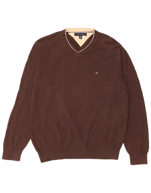Suéter masculino Tommy Hilfiger com decote em V grande algodão marrom
