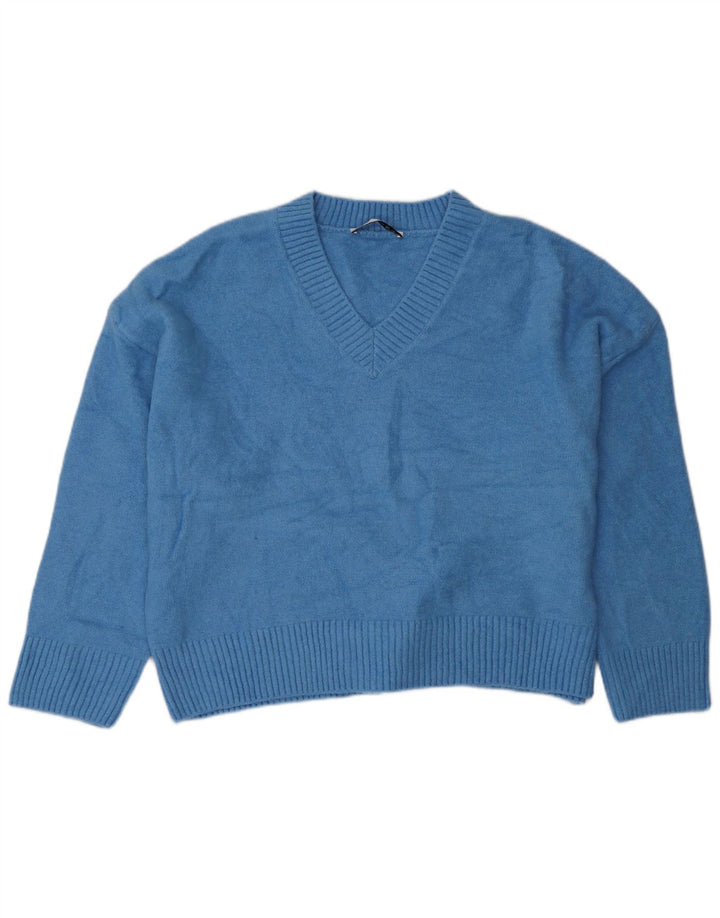ZARA Suéter feminino oversized com decote em V Reino Unido 18 XL azul acrílico