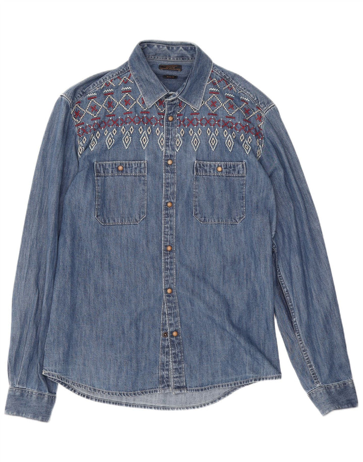 Camisa jeans masculina Zara Slim Fit grande azul geométrica