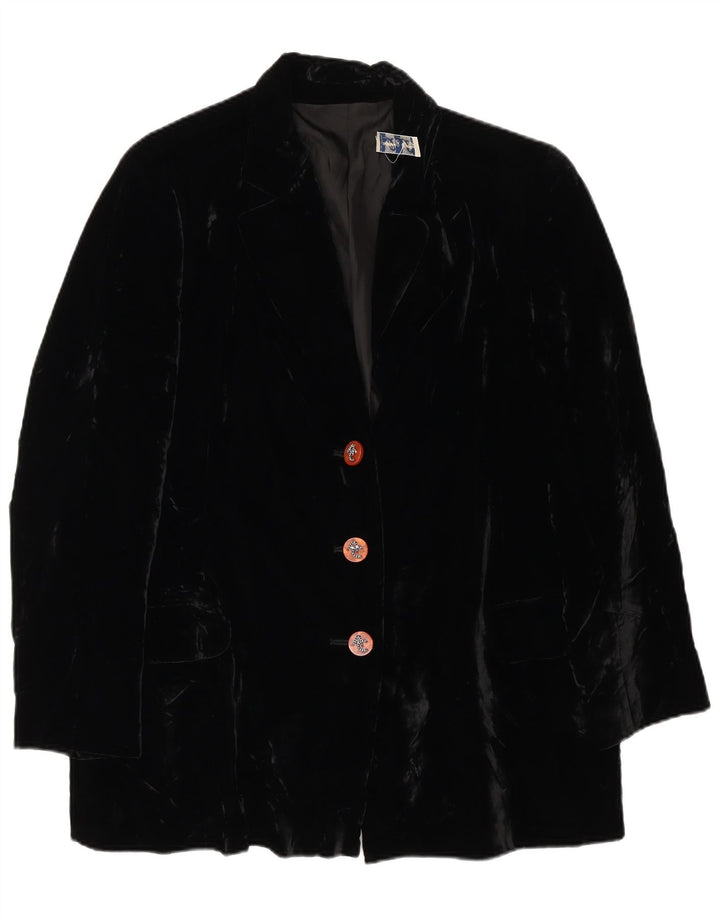 Jaqueta blazer feminina vintage de veludo com 3 botões Reino Unido 14 grande viscose preta