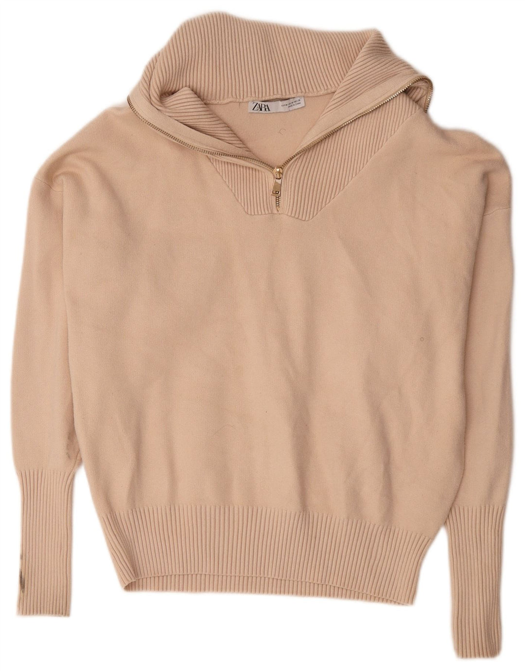 Suéter feminino Zara com zíper e gola alta, Reino Unido 14, viscose bege médio