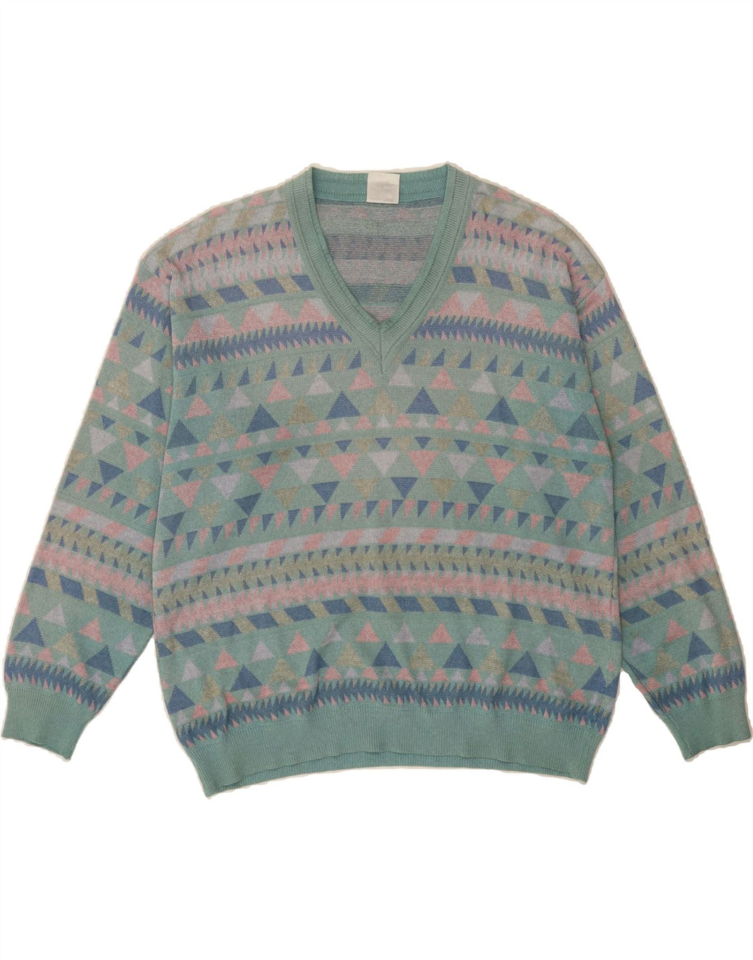 INCOGNITO Mens V-Neck Jumper Sweater IT 52/54 Large Green Geometric Cotton Vintage Incognito and Second-Hand Incognito from Messina Hembry 