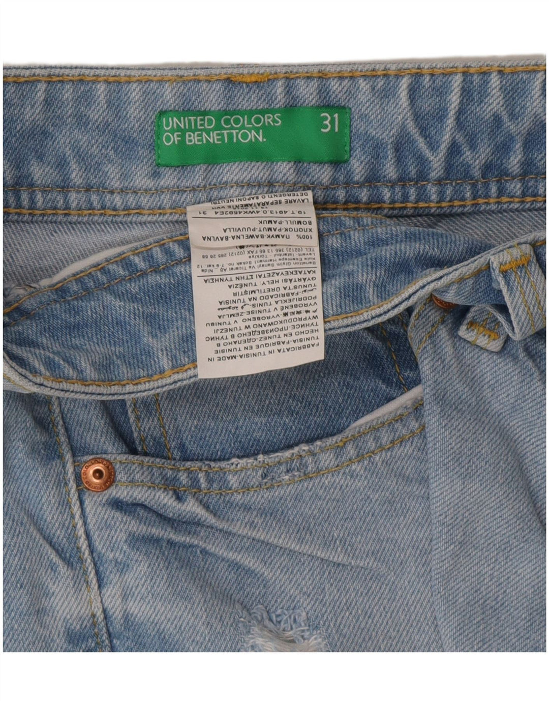 Benetton Shorts jeans feminino desgastado W31 algodão azul médio