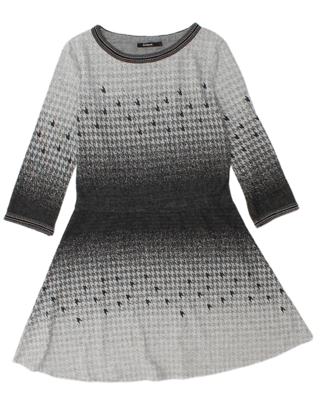 DESIGUAL Vestido feminino manga 3/4 linha A Reino Unido 14 grande cinza houndstooth