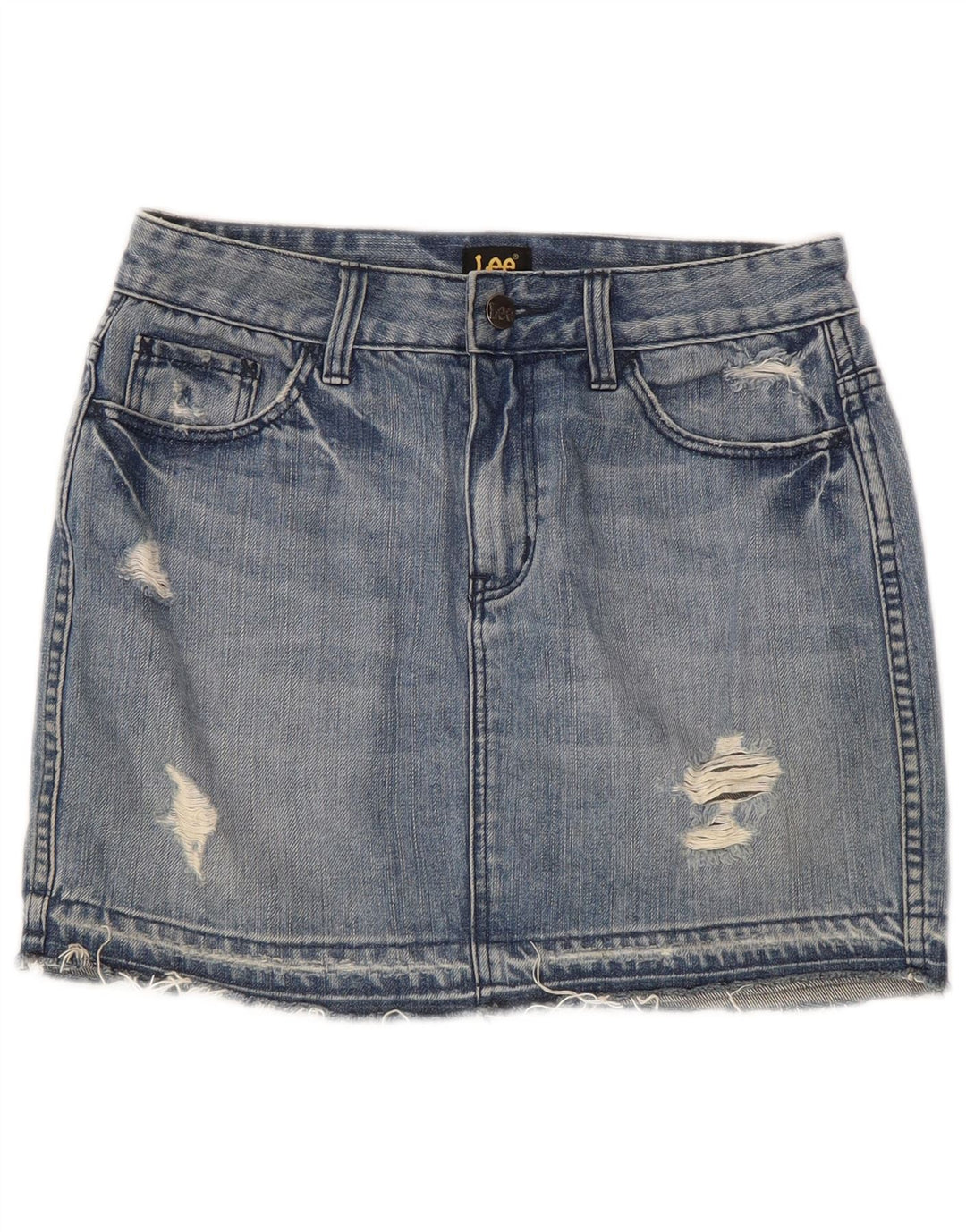 Saia jeans feminina Lee desgastada US 7 médio W28 algodão azul