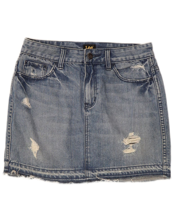 Saia jeans feminina Lee desgastada US 7 médio W28 algodão azul