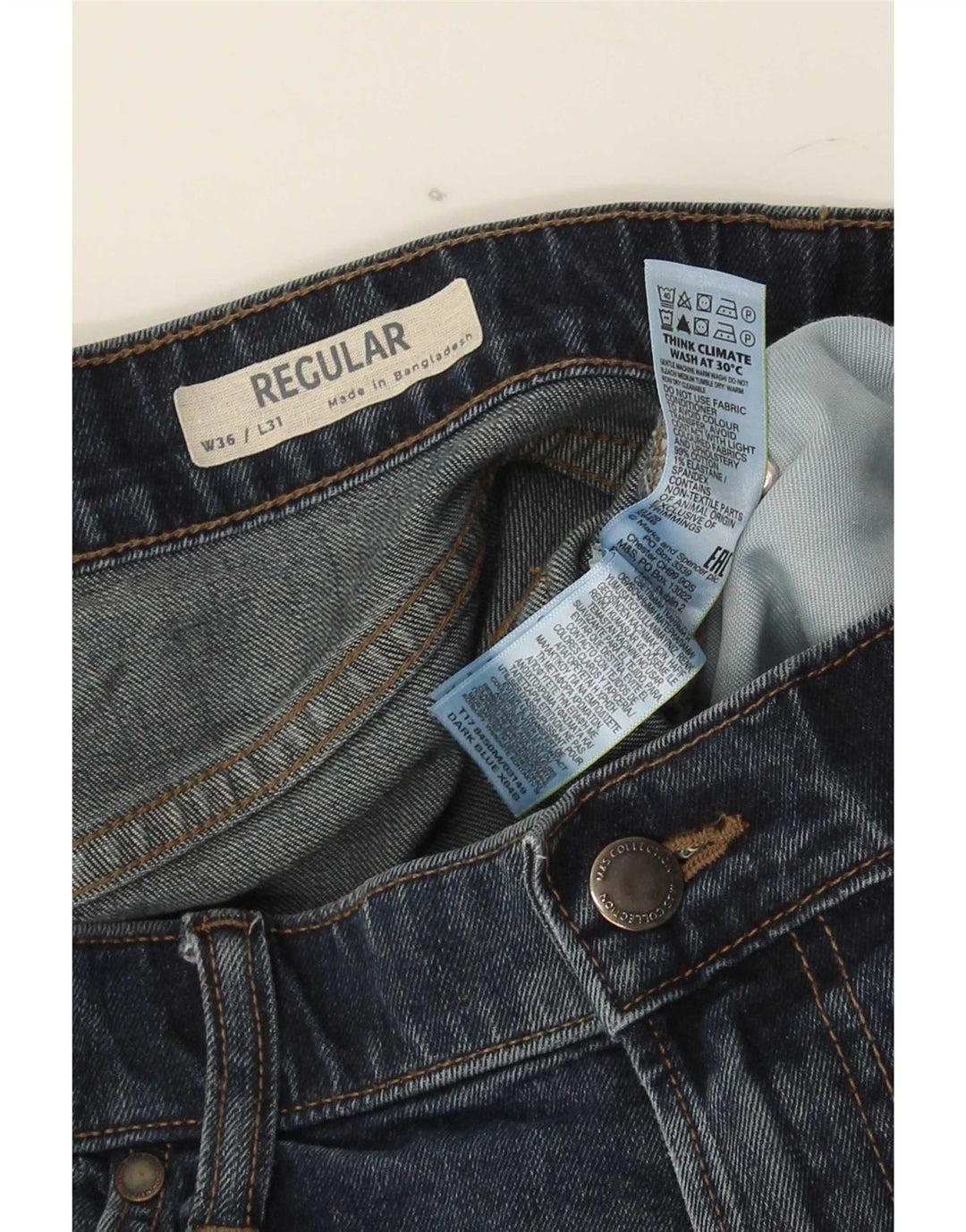 Calça jeans reta regular masculina Marks & Spencer W36 L31 algodão azul