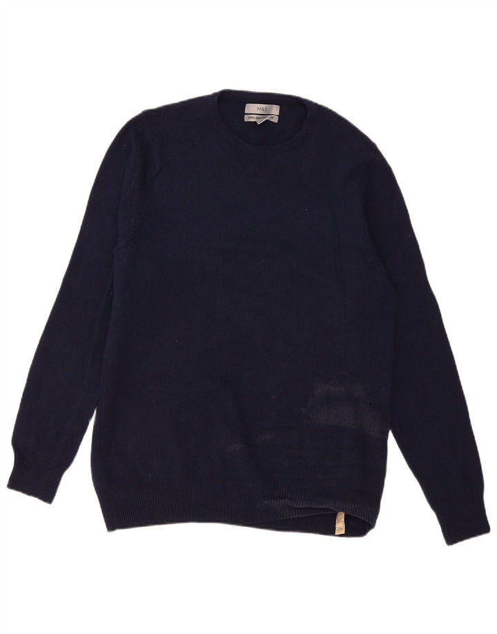 Suéter masculino Marks & Spencer com gola redonda, lã de cordeiro azul marinho médio