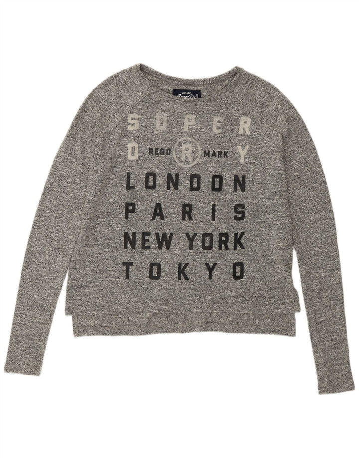 SUPERDRY Top gráfico feminino oversized manga comprida Reino Unido 10 algodão cinza pequeno