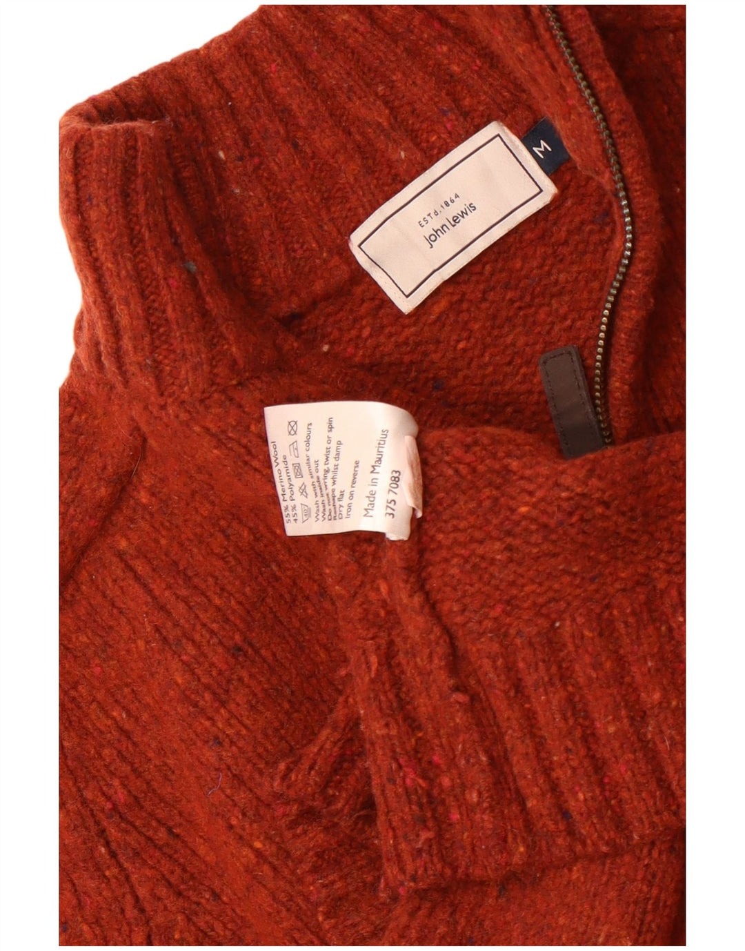 Suéter masculino John Lewis com gola e zíper, lã merino manchada marrom médio
