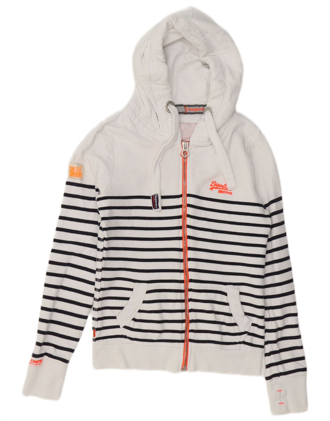 Suéter feminino com capuz e zíper SUPERDRY Reino Unido 6 XS algodão listrado branco