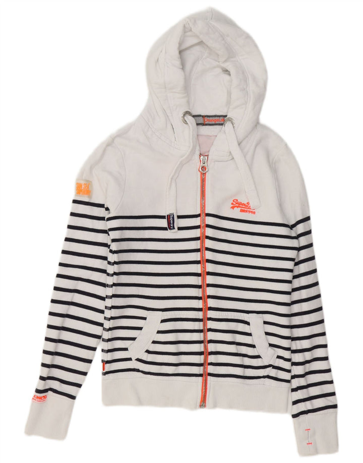 Suéter feminino com capuz e zíper SUPERDRY Reino Unido 6 XS algodão listrado branco