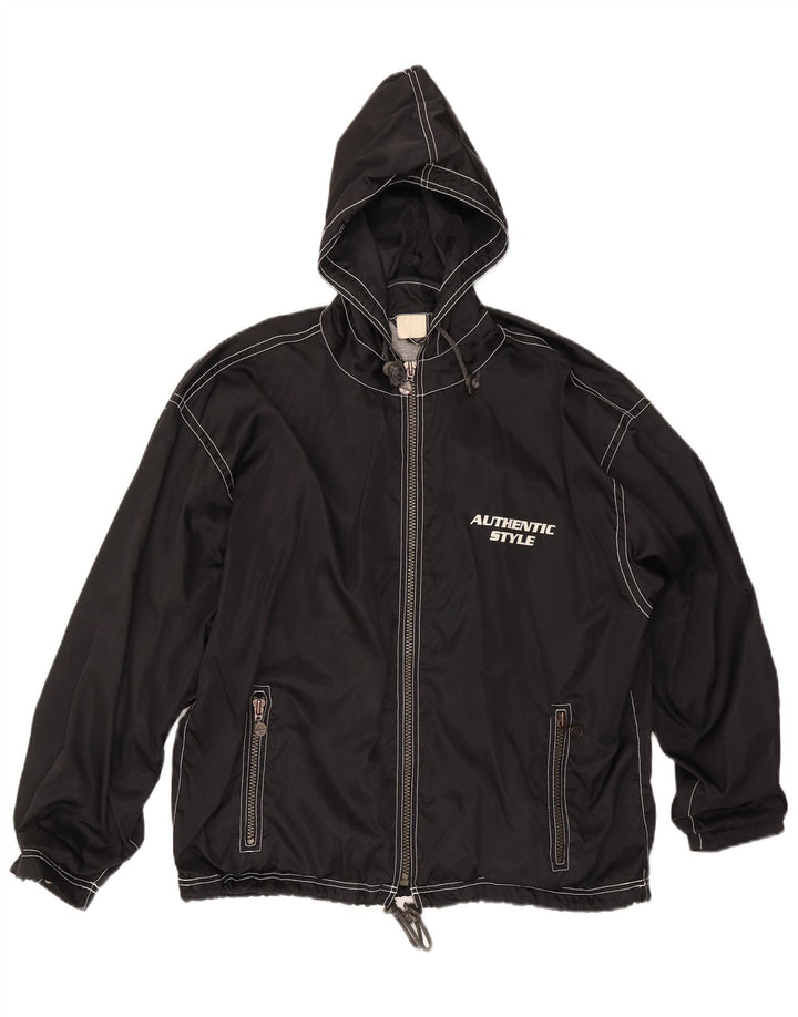 Jaqueta de chuva masculina vintage com capuz gráfico UK 40 grande preta
