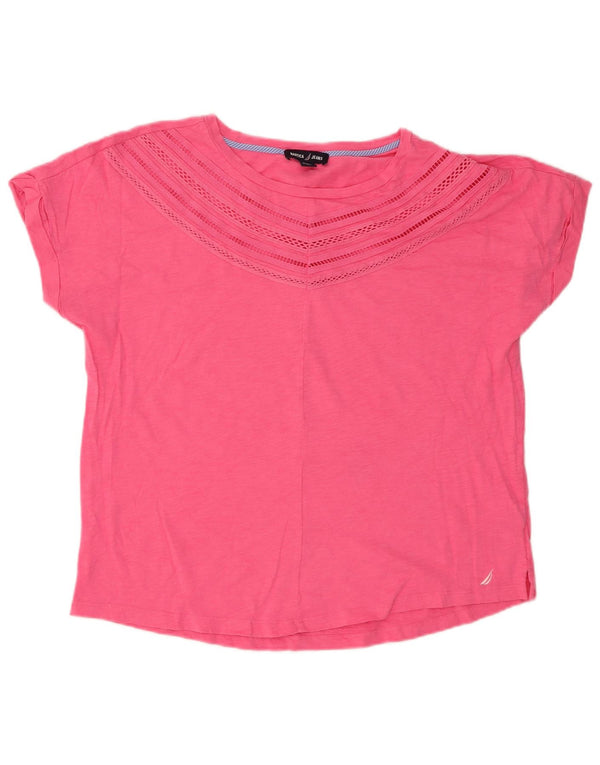 Camiseta feminina Nautica UK 14 algodão manchado rosa médio