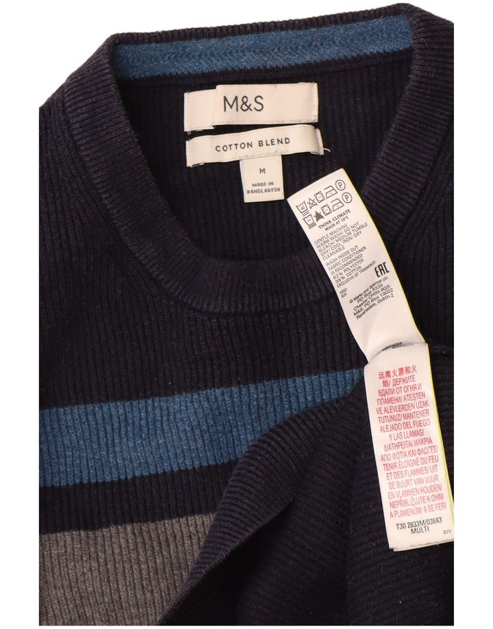 Suéter masculino Marks & Spencer com gola redonda, bloco colorido azul marinho médio